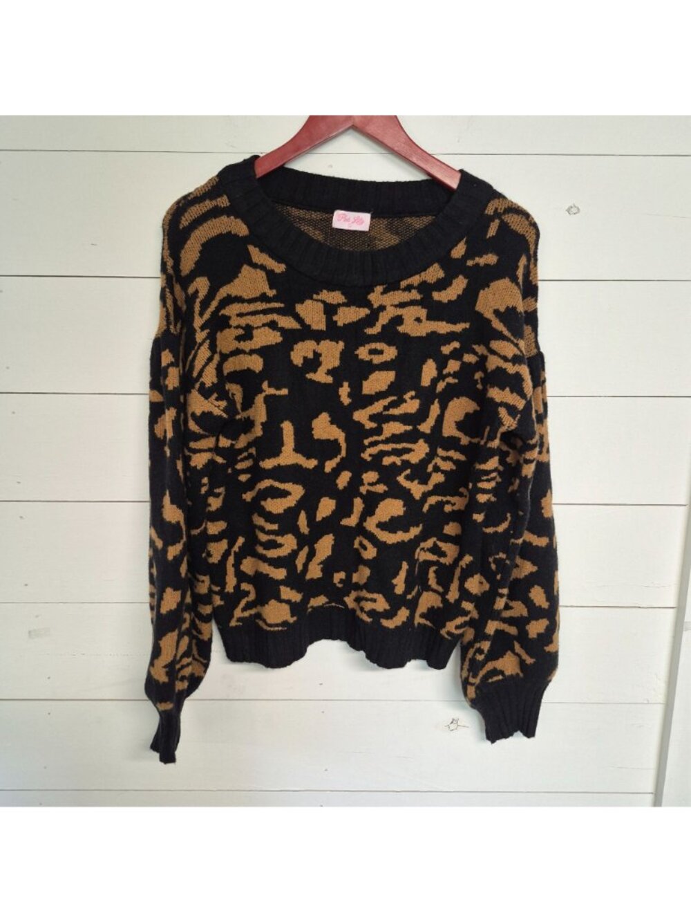 Pink Lily Womens super soft Black & Tan Leopard Print Knit Sweater L - Picture 5 of 7